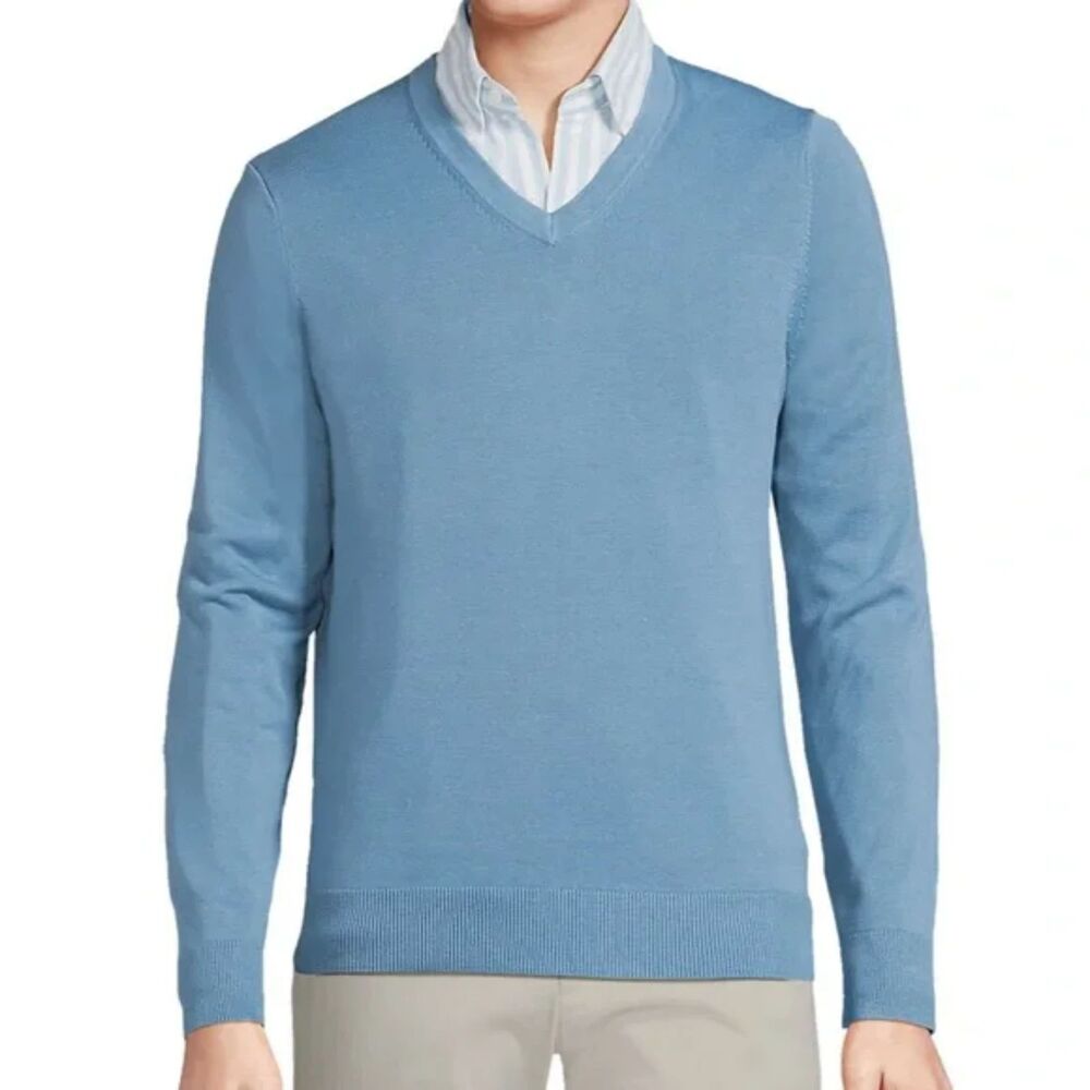 Lands End Men's V-Neck Blue Knit Sweater 100% Supima Cotton Fit Large Tall LT